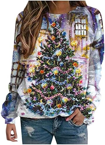 Swrowesi & nbsp; Božić Tree Shirts za žene Casual Fashion Božić Print okrugli vrat Jesen Dugi rukav T-Shirt