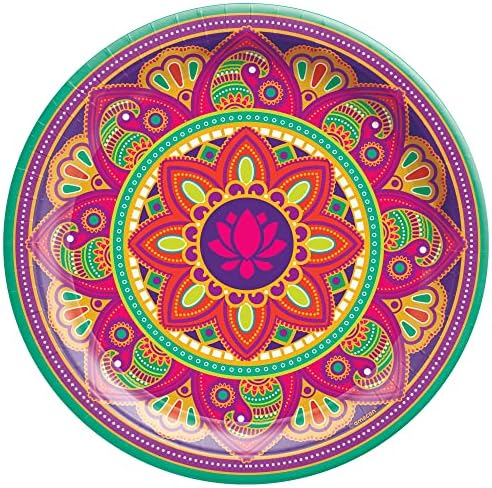 Šareni indijski ukrasi za zabavu - stolkover, ploče i salvete za 16 gostiju sa dizajnom Rangoli, Lotusa i