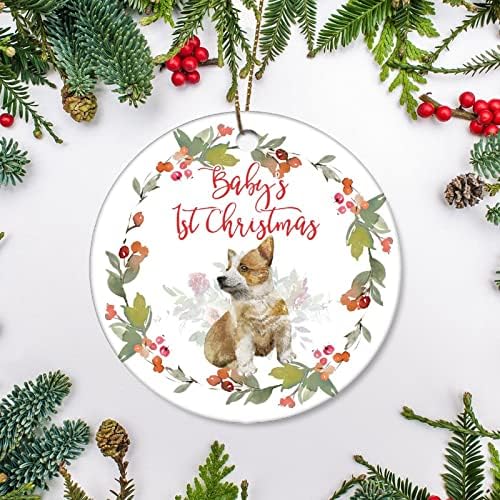 Božić vijenac od Holly Berries krug keramički ukrasi Corgi Cub bebin prvi Božićni ukras 2021 božićno drvo ukras Božić viseći ukras sa užetom za Kućni dekor 3 inča