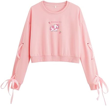 Keevici slatka jagoda kravlje kravlje dukseri za tinejdžerske djevojke kawaii hoodie ružičasti džemper