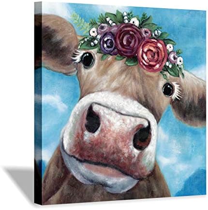 Farma životinja platno krava zid Art: nosi cvijeće na glavi krava platnu slika zid Art za dnevni boravak