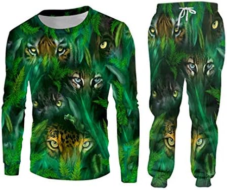 Životinjska šumska dukserica i jogger hlače postavljena zelena 3D Tiger Eye Print Unisex vrhovi