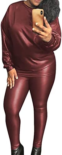 DGHM-JLMY ženske elastične pu kožne pencil pantalone 2 komadni Set PU kožni dugi rukavi vrhovi Bodycon pantalone