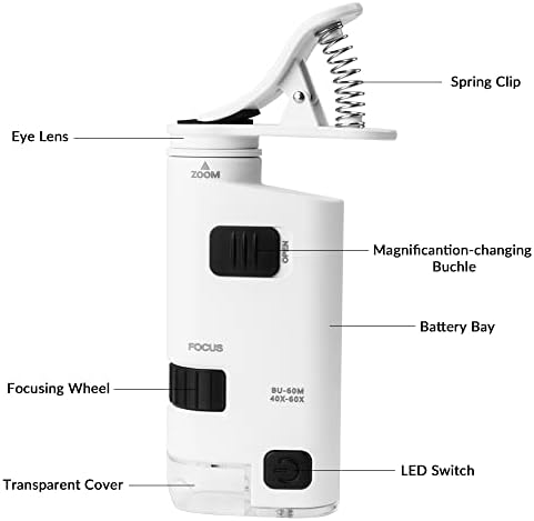 QKTYB 40-60X džepni mikroskop LED osvijetljeni prijenosni Zoom mikroskop prijenosni telefonski mikroskop Mini mikroskop sa pametnim telefonom Digiscoping Adapter klip za kameru pametnog telefona