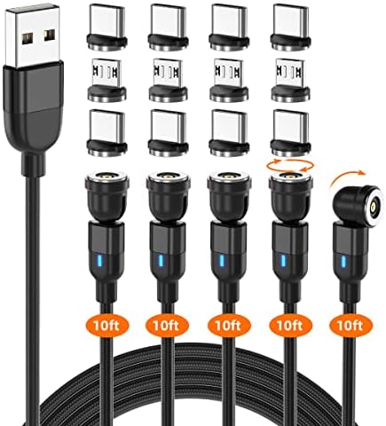 540 ° kabl za magnetni punjenje, [5pack-10ft] magnetski USB kabel, 3 u 1 magnetskom punjaču telefona