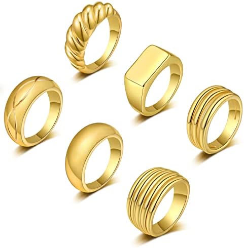 WFYOU 6kom 18K pozlaćeni debeli kupolasti zdepasti prstenovi za žene djevojke pleteni upleteni pečat zdepasti Zlatni prsten set minimalistički Statement prsten Nakit veličine 5-10