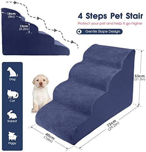 ZNM pseće stepenice za visoke krevete ili sofu, 4 nivoa pjenaste rampe/stepenice visoke gustine, neklizajuće stepenice za kućne ljubimce sa vodootpornim poklopcem za male velike pse, mačke, pseće, plave