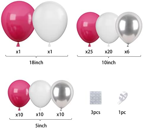 Hot Pink Balloon Arch Kit, rođendan Rose Red White Balloons, 5 10 18 inčni balonški kit i metalni srebrni