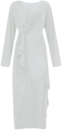NOKMOPO s dugim rukavima Mini haljina modni čvrsti ubojni struk Cinched ruffle split V-izrez dugih rukava s dugim rukavima
