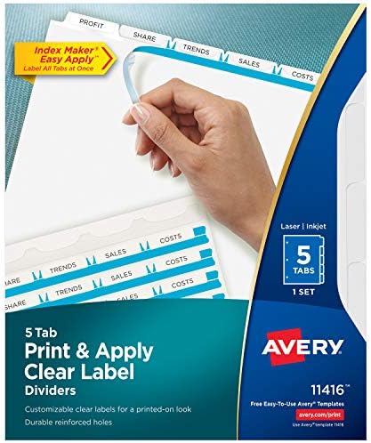 Avery 5 Tab razdjelnici za 3 Prsten Binder, Easy Print & Nanesite Clear Label Strip, indeks Maker