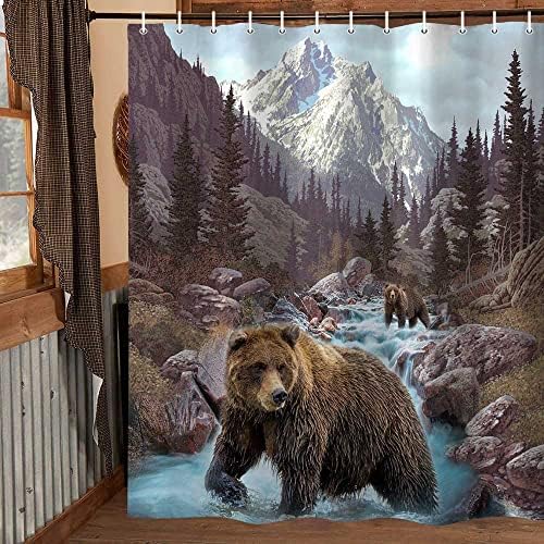 Rustikalna medvjeda za zavjese, kabina Misty Mountain Forest Wildlife Country Lodge Zavjesa za kupanje, prašuma