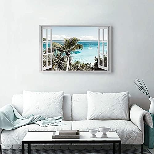 Obalna palma za zid: prozor na plaži zidna Umjetnost okeana tropska umjetnička djela Primorska slika slika morskog pejzaža za uređenje sobe