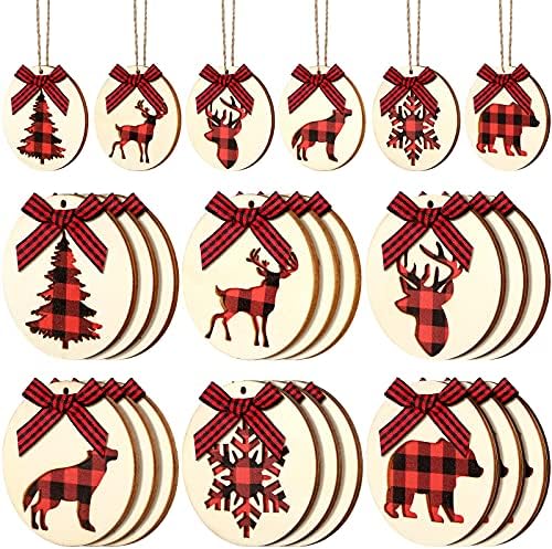 24 komada Božić visi drveni ukrasi okrugli Red Buffalo karirani ukrasi Božić Tree Snowflake Jelena Drvo oznake odmor rustikalni Drvo kriška sa lukom i konopac za Božić Home Party