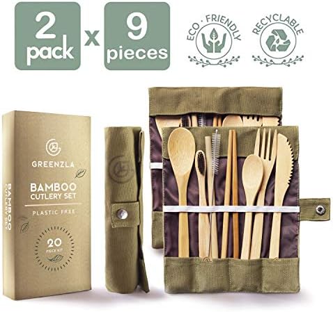 Greenzla Set bambusovog pribora od 2 pakovanja | sa bonusom 2 bambusove četkice za zube | prirodna bambusova