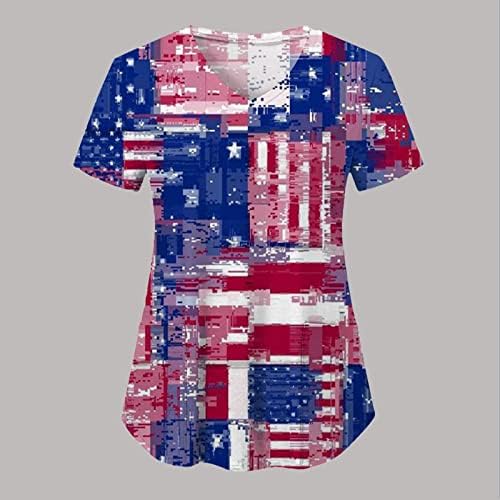 Vrhovi zastave SAD za žene 4. jula ljetna kratka rukava V-izrez majica sa 2 džepa bluza Top Holiday Casual