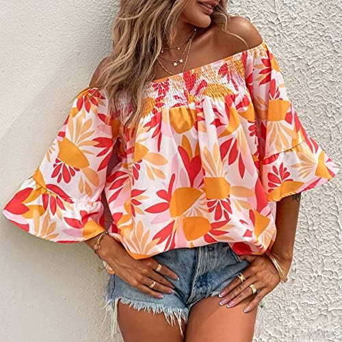 Floralna grafička bluza košulja Ženska kratka 3/4 Bell rukava s ramena na plaži za odmor salon Basic Loose Fit