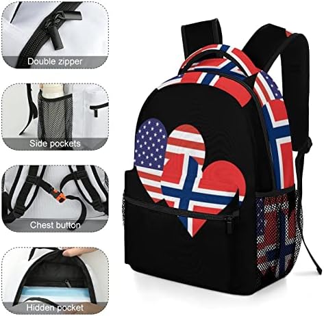 Norveška Američka zastava srca Travel Backpacks Modna torba za rame Light Težina Multi-džepni