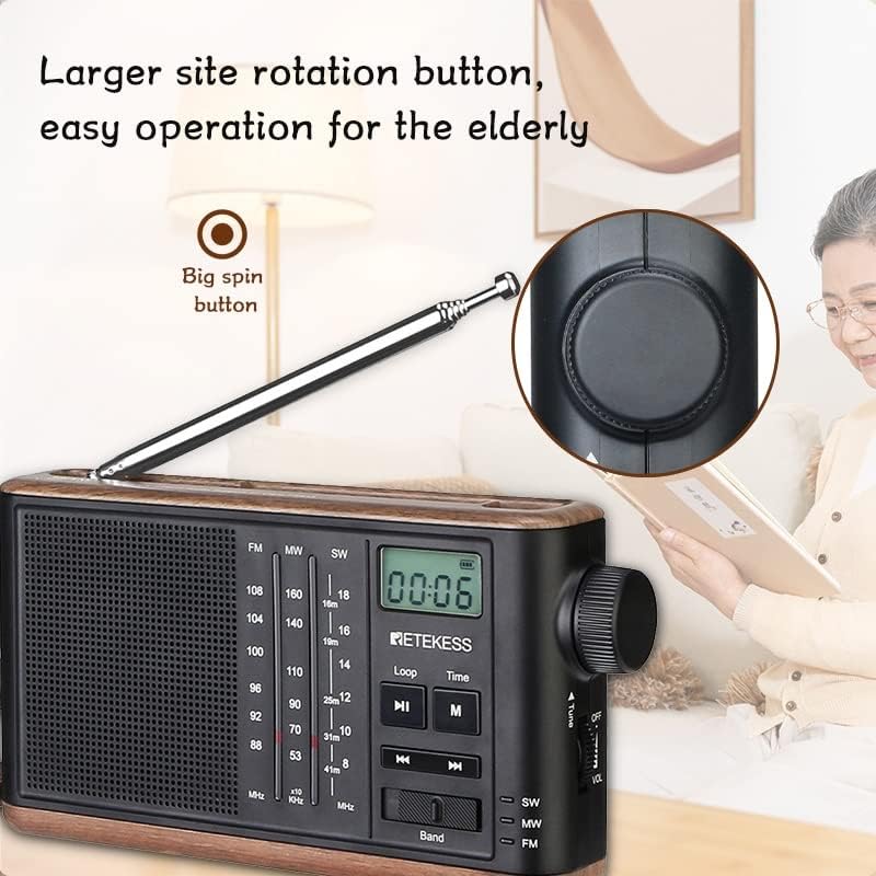 Wenlii prijenosni Retro Radio FM / AM / SW 3 Trake za starije osobe Podrška TF kartica USB punjenje Stereo