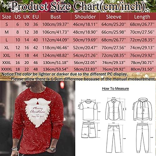 ZDDO božićne majice s dugim rukavima za muške, Xmas 3D grafički santa claus print Crewneck Tee Tops