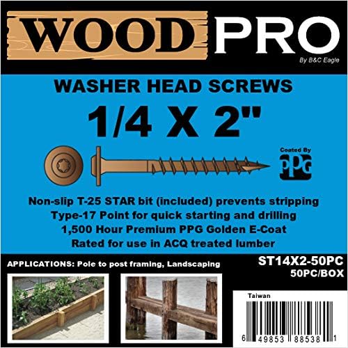 WoodPro pričvršćivači ST14X2 - 50pc 1/4 inča sa 2 inča dužine okrugla glava za pranje vanjski Vijci za drvo, 50 pakovanja, Zlatni