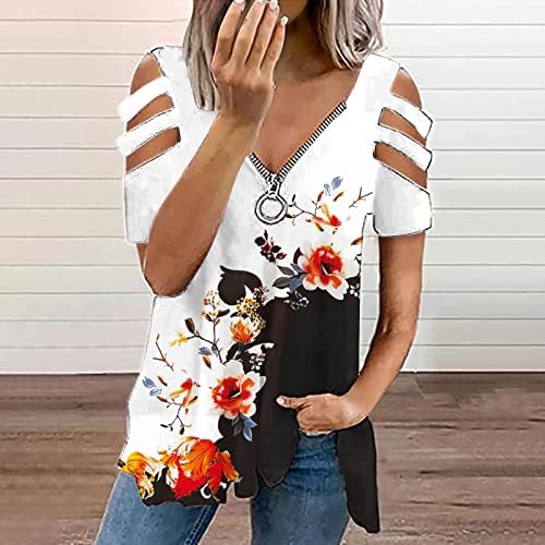 Ljetna majica za žene patentni zatvarač na vratu hladne rame Ters cvjetni ispisani labavi bluzini