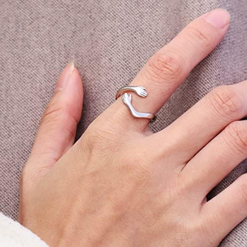 925-Srebrni podesivi prsten za zagrljaj za žene - bijeli pozlaćeni par koji grli ruke prstenje