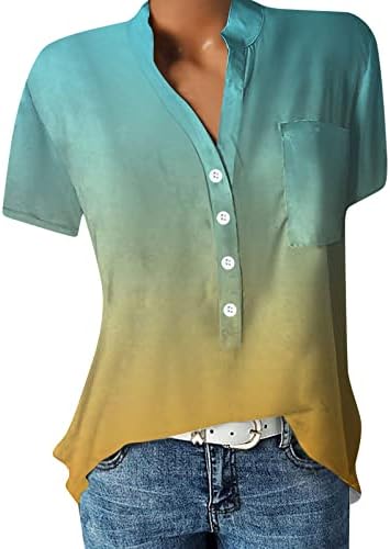 Ljetni vrhovi za žene, žensko tiskovsko dugme dolje majice V rect majica kratki rukav Henley majica sa džepom