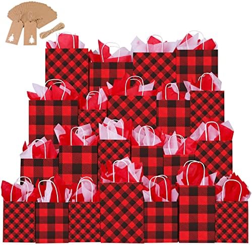 Cooraby 24 komada Božić poklon torbe Buffalo karirane Kraft papirne kese sa oznakama i papirnati papir za pakovanje