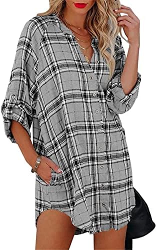 Žene Ljeto jeseni haljina dugih rukava pamuk V izrez Grafički mini mali labavi fit majica Plaid Lounge haljina za dame