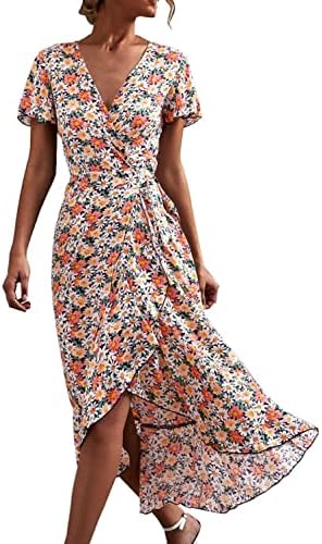 Zamotajte haljinu za žene Ljeto kratkih rukava Flowy Haljine Split cvjetno tiskovina večernje maturalne koktele
