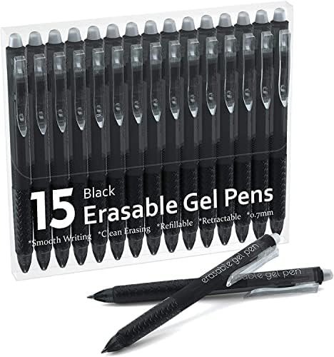 Izbrisive Gel olovke, 15 pakovanja crnih Uvlačivih olovaka za brisanje klikera, Fine tačke, čine da greške nestanu,