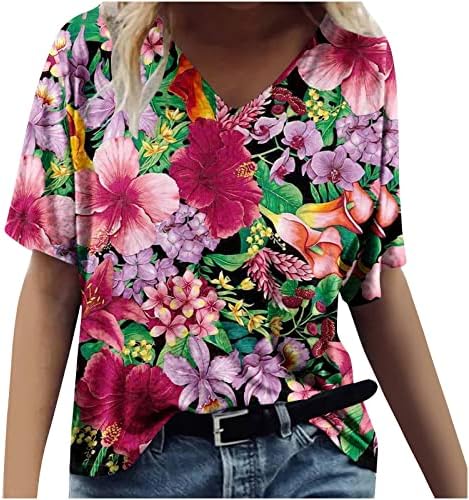 Cvjetni vrhovi za žene s kratkim rukavima 3D ispis proljetna bluza Ljeto V izrez Havajske majice casual