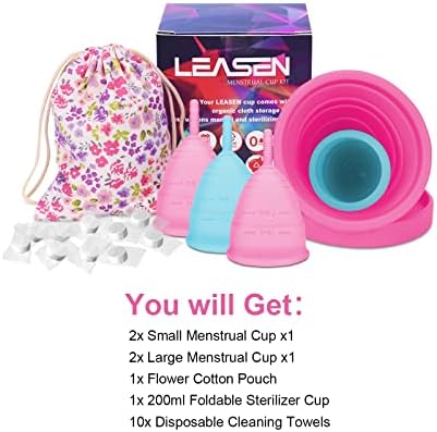 Leasen Menstral Cup - Set od 4 šalice za višekratnu upotrebu za ženstvenu njegu - Premium dizajn s mekim, fleksibilnim, silikonskim medicinskim razredom - sa menstrualnim kompletom za sterilizator