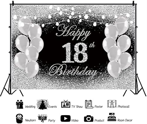 DORCEV 12x10ft sretan 18. rođendan pozadina Glitter Crna Srebrna Bokeh baloni 18. rođendan Party