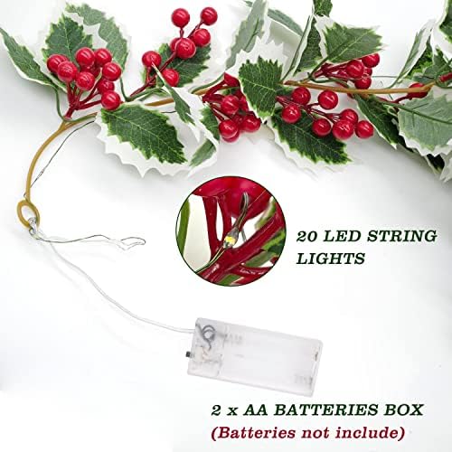 Crvena bobica Garland Božićni ukras sa 20 LED-ova - 5,3ft umjetni zeleni vijenac za XMS unutarnji vanjski