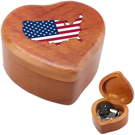 Amerika Flag Mapa Drvena muzička kutija Oblik srca Muzičke kutije Vintage Wood Box za poklon