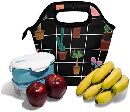 Alaza izolovana torba za ručak Freezable Lunch Box za decu žene devojčice dečaci i muškarci, kaktus sa cvet On lattice Balck Cooler prenosiva torba za ručak sa patentnim zatvaračem za radni školski piknik