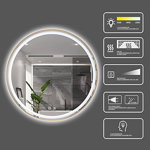 Snugace LED osvijetljeno zrcalo za kupaonicu, zlatni metalni uokvireni zidni ugradnja Ogledala za ispraznost s podesivom 3-bojama i anti-mafom, 24
