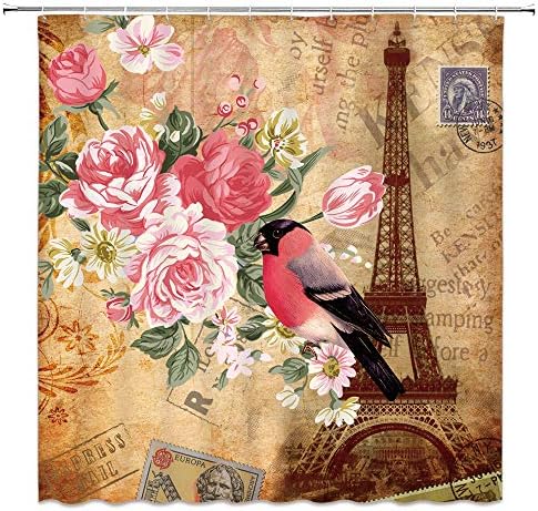 MNSC Vintage Paris Tuš za zavjese Eiffel Tower Retro Cvijet Leptir Rose Cvjetni pečat Romantični grad