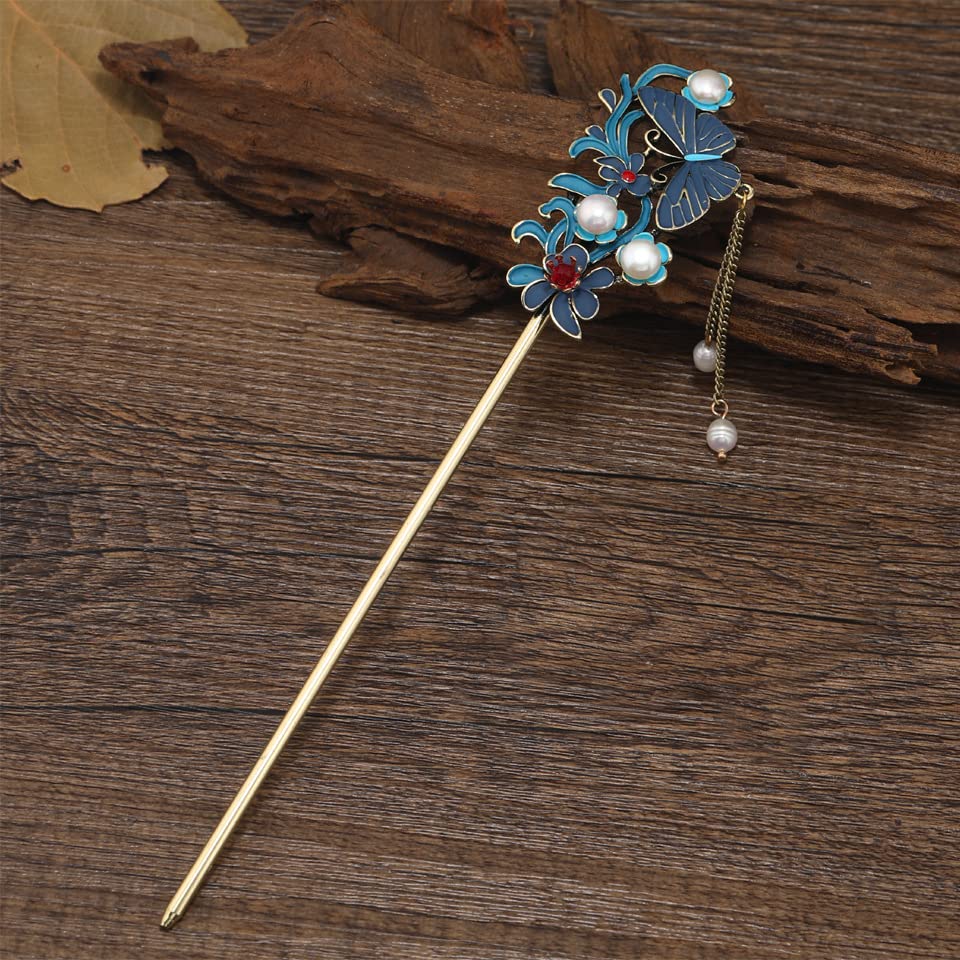 Rabithenn Pearl pečene plave resice Kineski Hanfu i stil Retro Leptir za kosu sa metalnim ručno