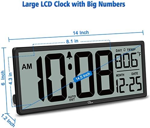 WallarGe 14.5 veliki digitalni zidni sat na baterije sa Jumbo brojevima, temperaturom i datumom-jednostavan za