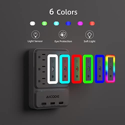 Multi Outlet Extender, USB zidni Punjač zaštita od prenapona sa noćnim svetlom u boji, 6-Izlazni