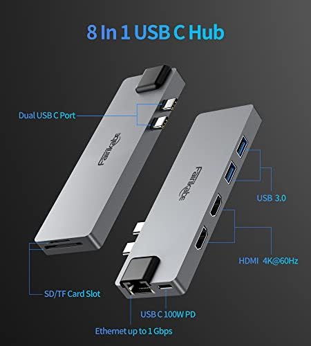 USB C Hub Multiport Adapter za MacBook Pro 2019/2018/2017, 8 u 1 USB C do Dual HDMI Adapter 4K 60Hz,