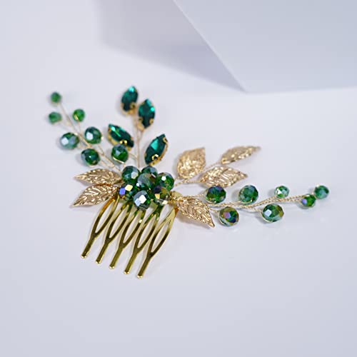 Teyglen Svadbeni vjenčani Zlatni češljevi za kosu zeleni cvijet Rhinestones Crystal side češalj za kosu Vintage