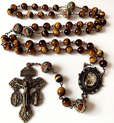 elegantmedical HANDMADE Vintage Katolička Tiger Eye & Nepal perle Bronze Pardon Crucifix krst brojanica