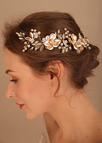 Denifery Flower Bride Wedding Hair loza sa Češljevima zlatni list vjenčana traka za glavu Opal Rhinestones