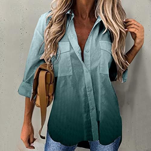 Ljetni gradijent tunike za žene T majica sa dugmetom na ovratniku Roll Up dugi rukavi bluza sa džepovima