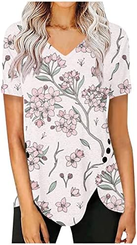 Ayaso Womens 2023 Ljetne casual majice V izrez kratkih rukava Tunički vrhovi Dugme Decor Cvjetni ispis Loop Fit Comfy Bluzes