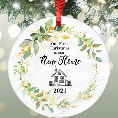 ArogGeld 3-inčni ravni keramički ukras naš prvi Božić u novom domu 2021 viseći Citati ostavljaju