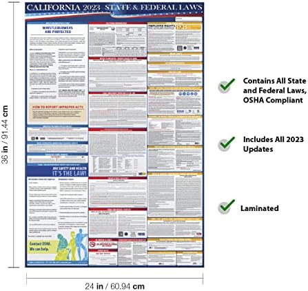 2023 Kalifornijski državni i savezni zakoni o radu Poster-OSHA u skladu sa radnim mjestom 24 x 36 - Sve u jednom